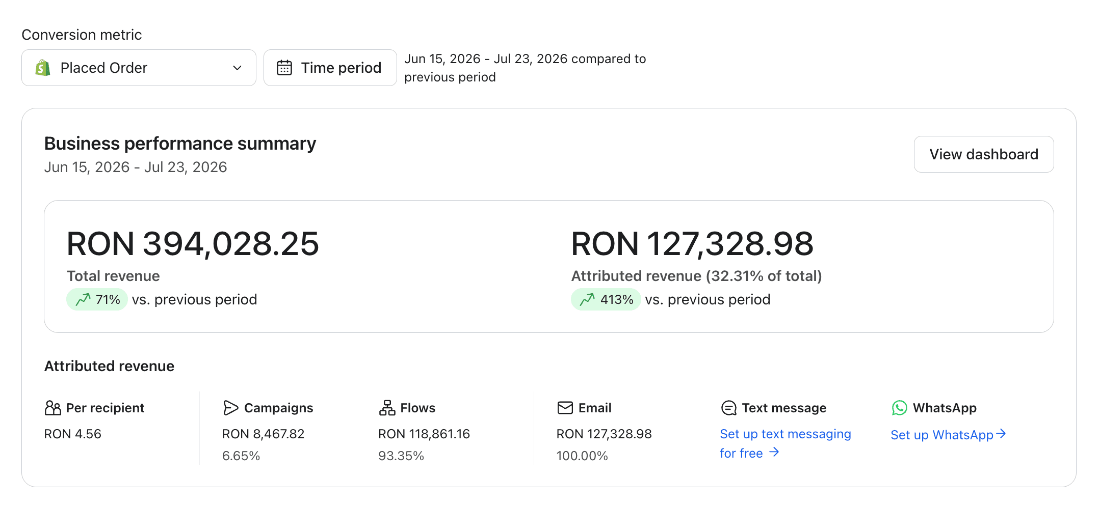 Klaviyo business performance summary for the Winback flow